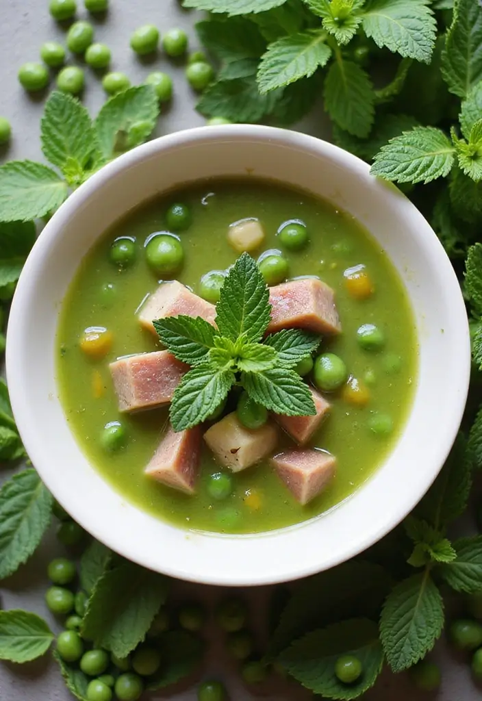 10 Hearty Legume Bean Soup Recipes with Ham Hock Additions - 9. Pea and Ham Hock Soup with Mint