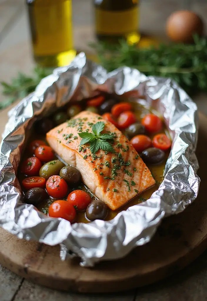Flaky Baked Salmon Recipes: Lemon Herb Foils - 5. Mediterranean Herb Salmon with Tomatoes and Olives