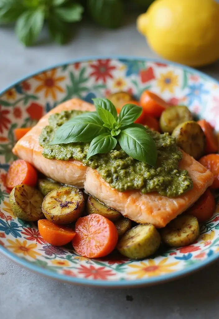Flaky Baked Salmon Recipes: Lemon Herb Foils - 8. Lemon Pesto Salmon with Roasted Vegetables