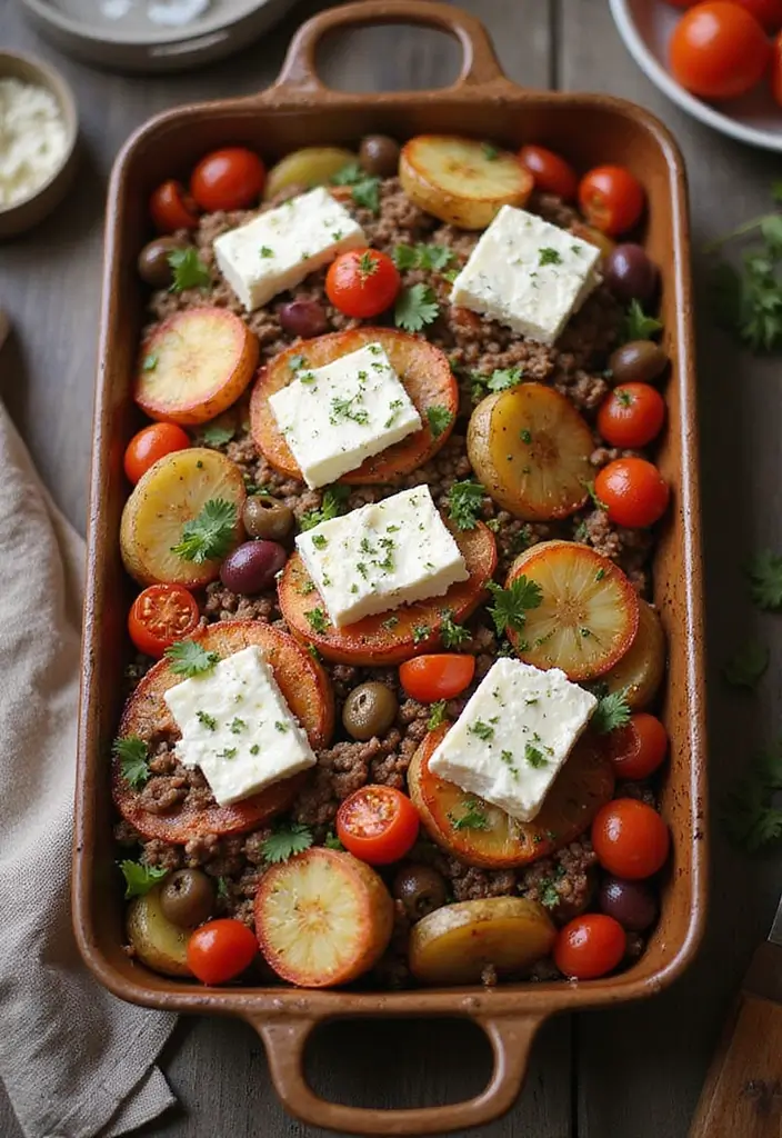 Hearty Ground Beef and Potato Recipes: Skillet Hashes - 9. Mediterranean Ground Beef and Potato Bake