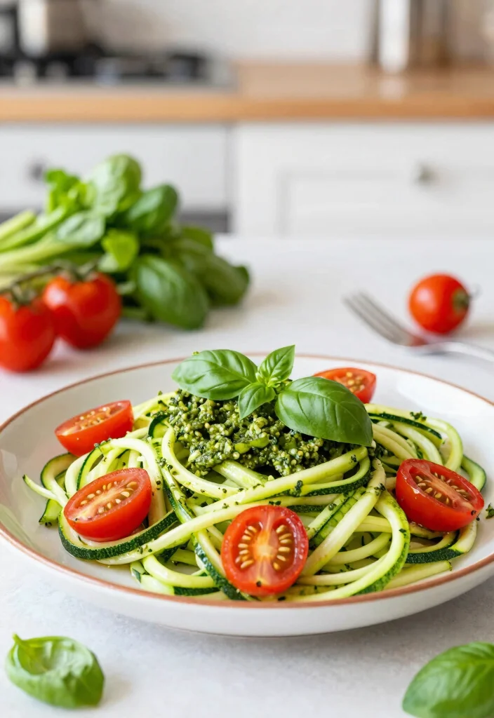 17 Fast, Easy Dinner Recipes for Family Nights (Ready in 30 Minutes or Less) - 3. Zucchini Noodles with Pesto and Cherry Tomatoes 1