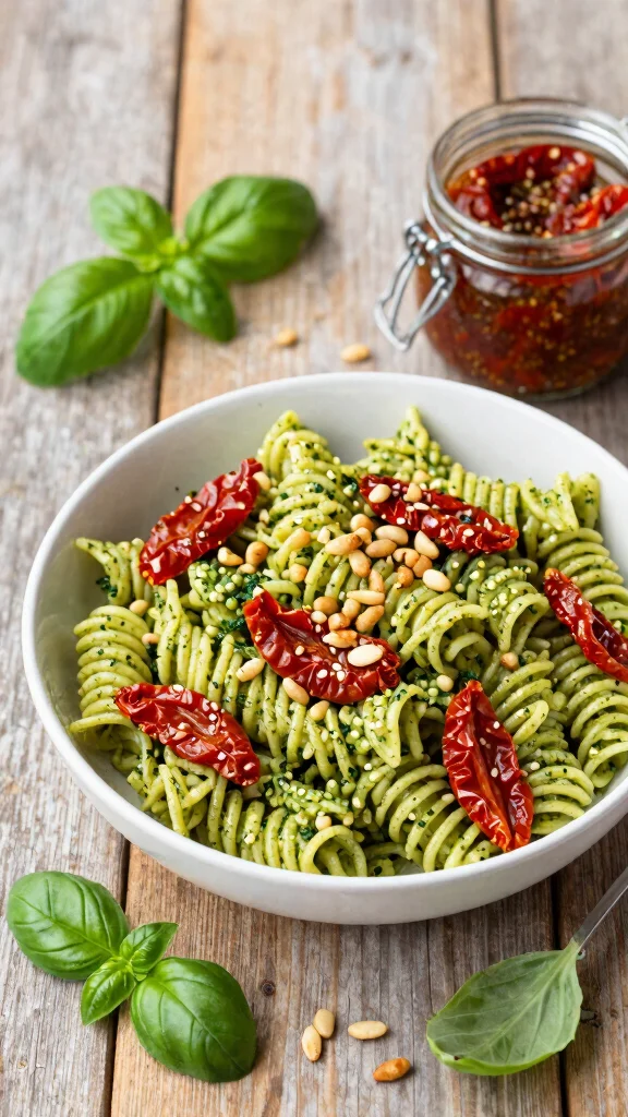 11 Noodles Recipes for Dinner: Quick, Easy and Family-Friendly - 10. Pesto Pasta with Sun-Dried Tomatoes 1