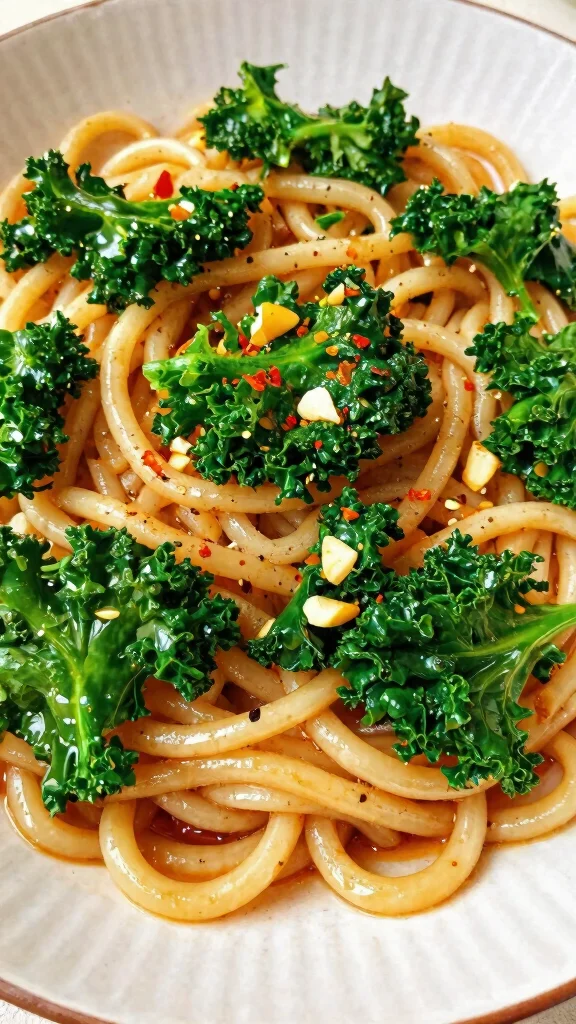 15 Udon Noodles Recipes Thick, Chewy and Comforting for Vegan Food Lovers - 12. Udon Noodles with Spicy Garlic and Kale 1