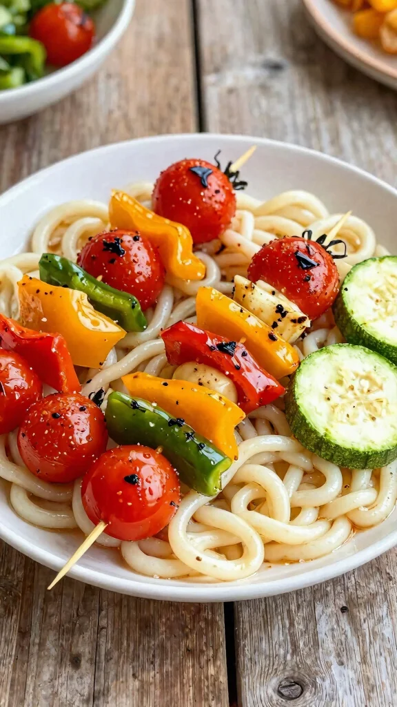 15 Udon Noodles Recipes Thick, Chewy and Comforting for Vegan Food Lovers - 15. Udon Noodle and Veggie Skewers 1