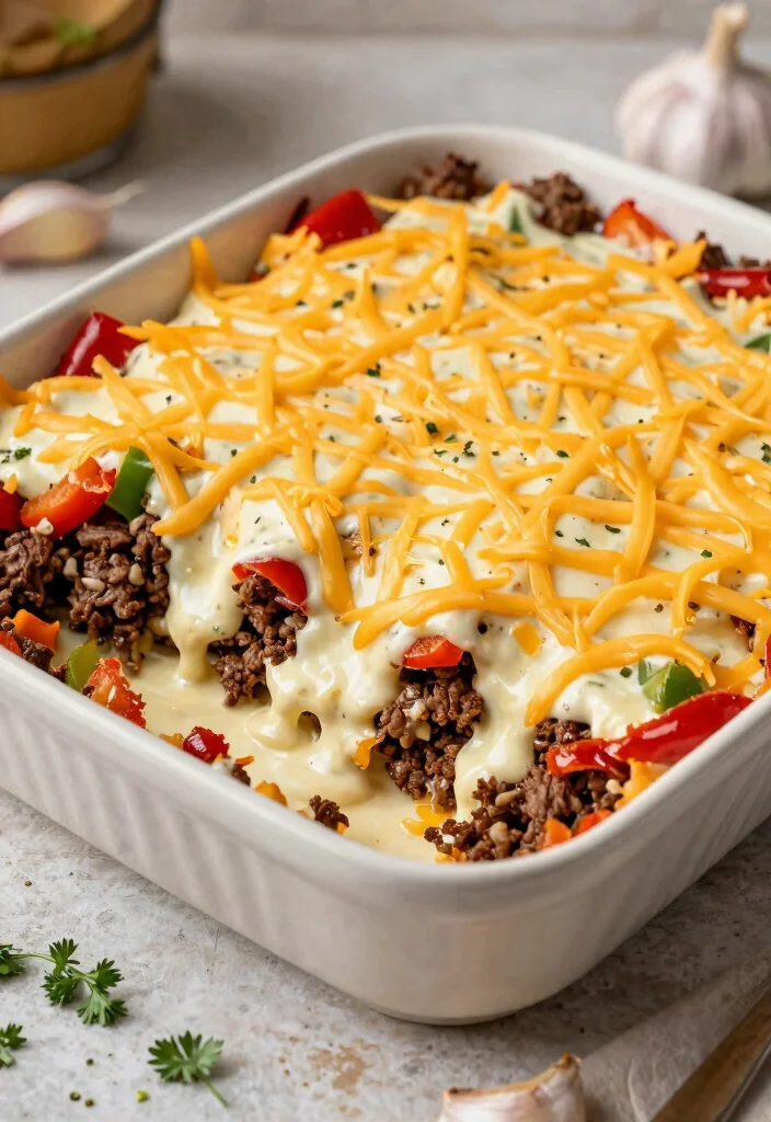 13 Easy Keto Philly Cheesesteak Casserole Recipes All Flavor No Carbs - 13. Keto Philly Cheesesteak Casserole with Creamy Garlic Sauce 1