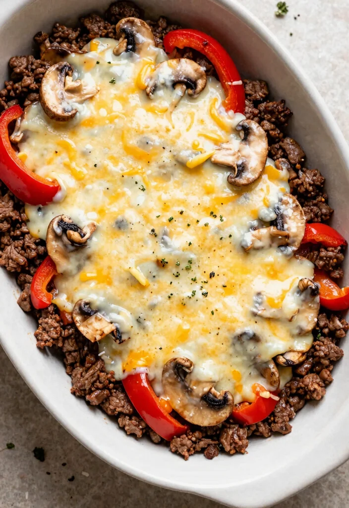 13 Easy Keto Philly Cheesesteak Casserole Recipes All Flavor No Carbs - 3. Keto Philly Cheesesteak Casserole with Mushroom 1