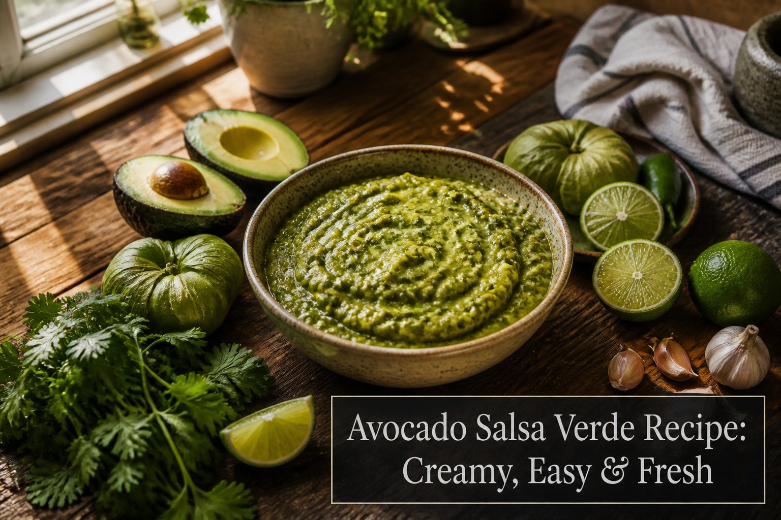 A vibrant bowl of avocado salsa verde with diced onion and cilantro.