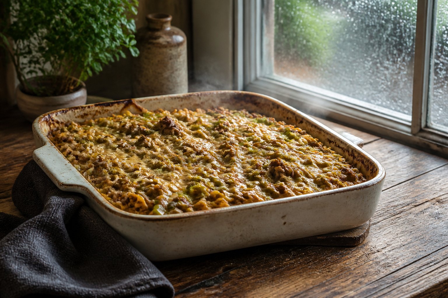 Baked beef chow mein casserole with ground beef and vegetables.