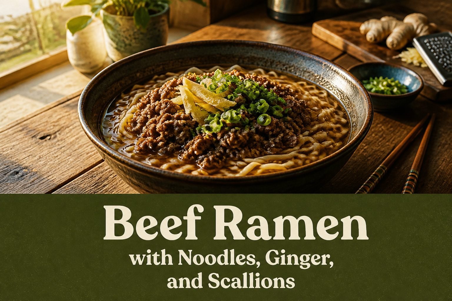 A bowl of beef ramen with ground beef, scallions, and golden noodles.