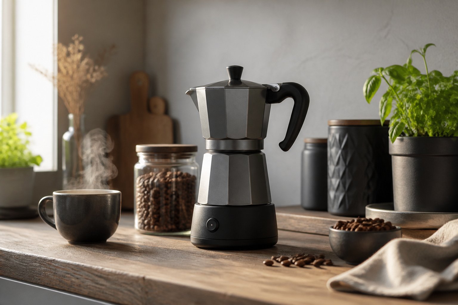 A sleek electric moka pot on a cozy kitchen countertop