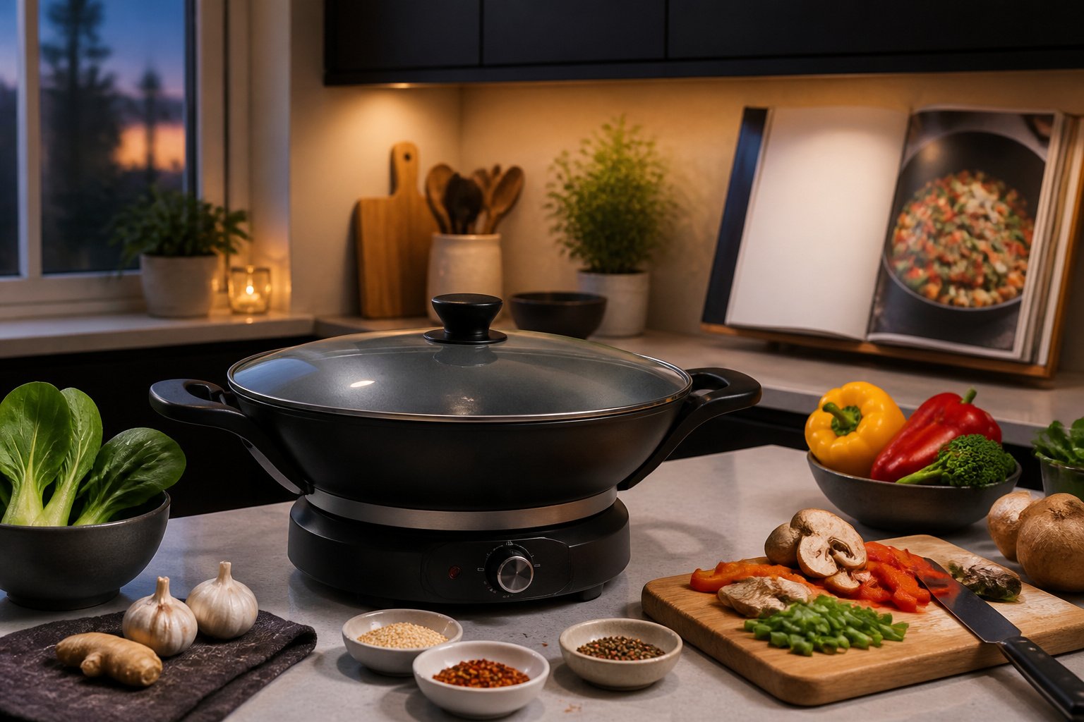 Cozy kitchen with warm lighting and an electric wok on the counter.