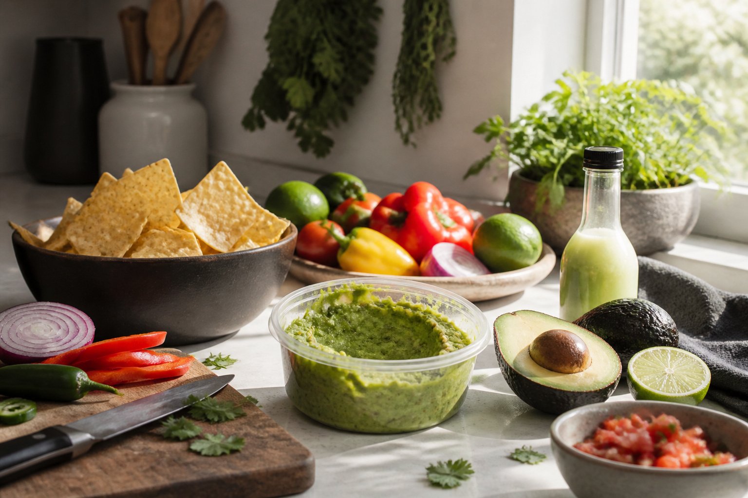 Colorful fresh vegetables on a sunlit kitchen countertop
