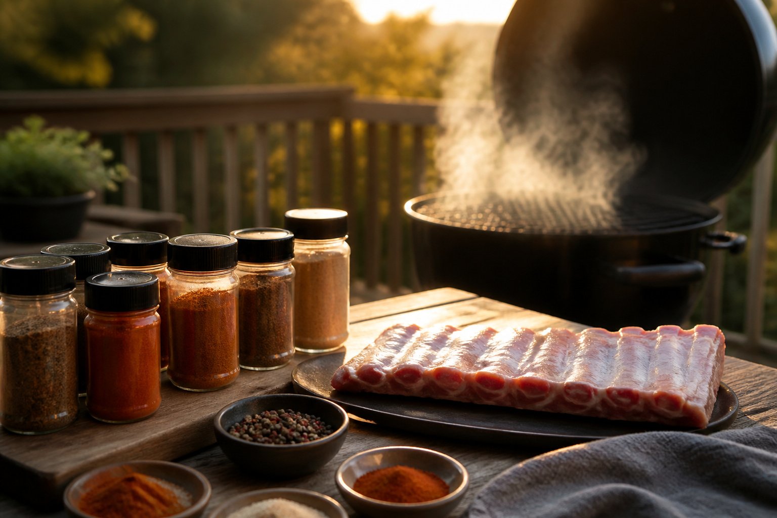 Outdoor BBQ grill with smoke on a wooden deck during golden hour