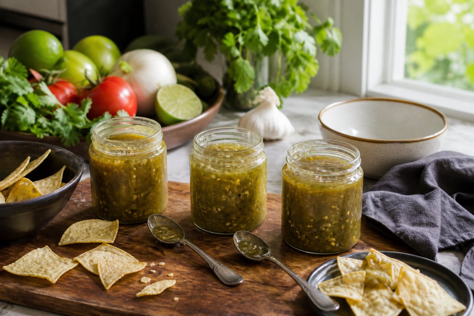 Brightly lit kitchen countertop with various jars of salsa verde and chips