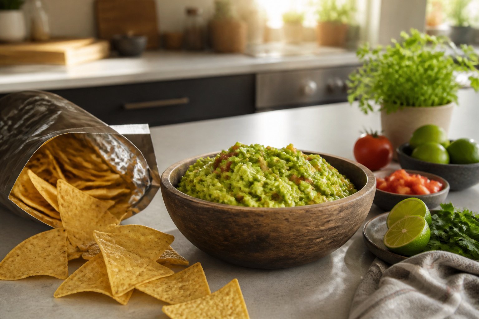 A vibrant kitchen countertop with tortilla chips and guacamole in sunlight