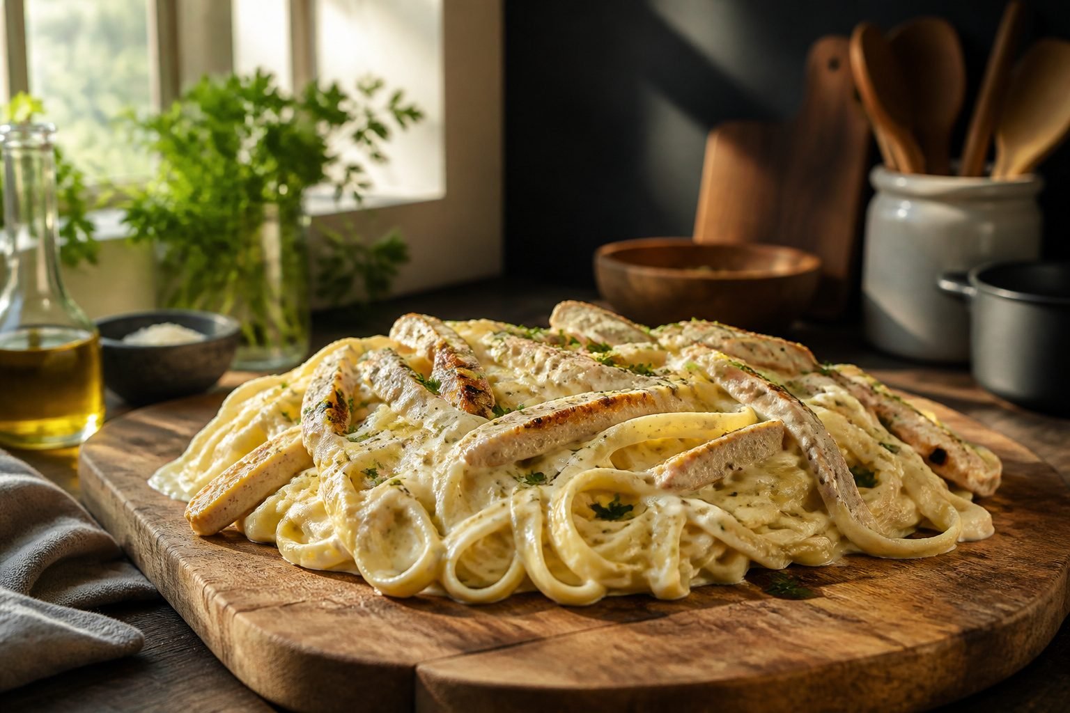 Plate of Chicken Alfredo Pasta with roasted broccoli and parsley garnish.