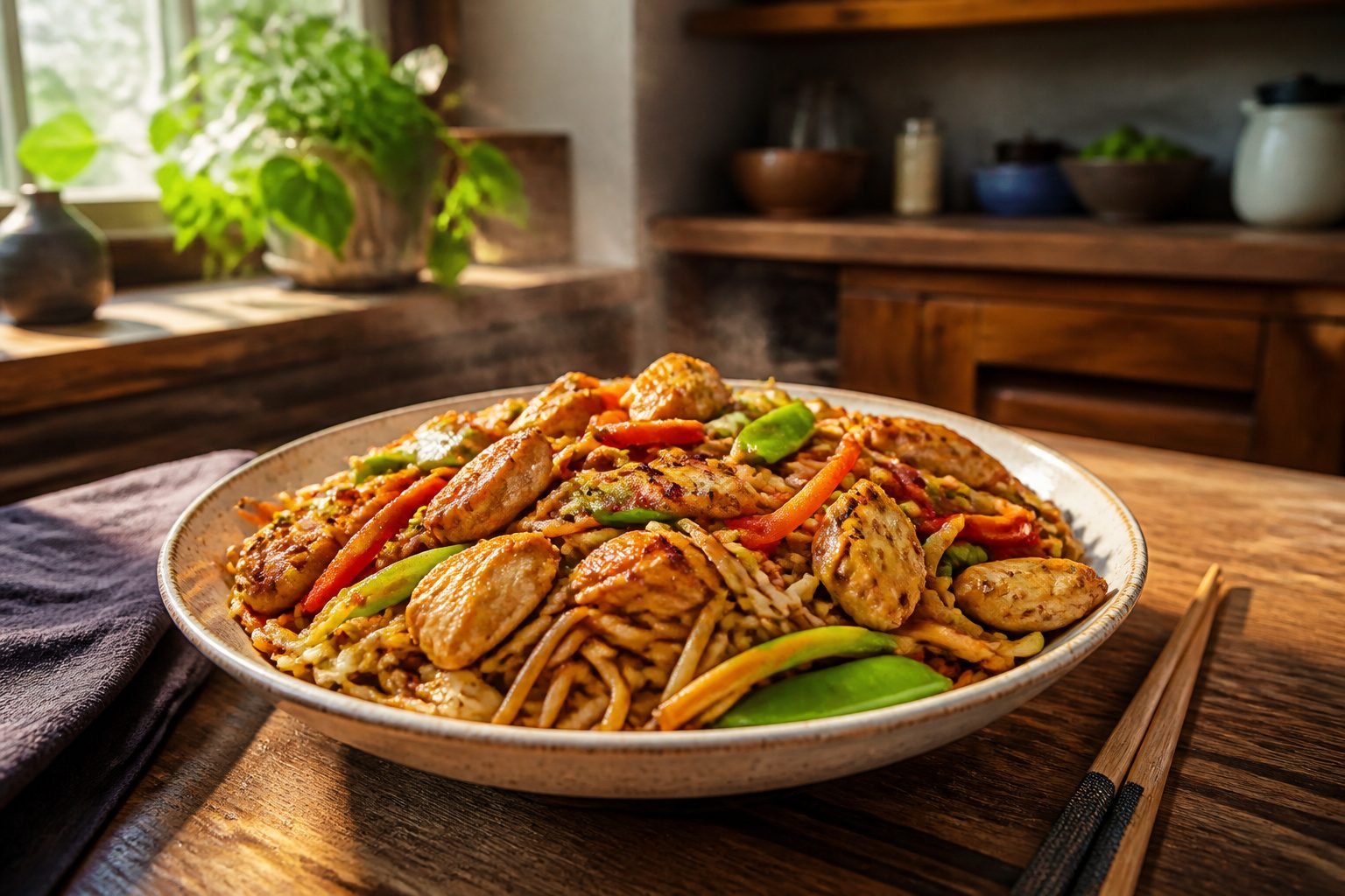 A plate of chicken chow mein with thin noodles, chicken, and vegetables.