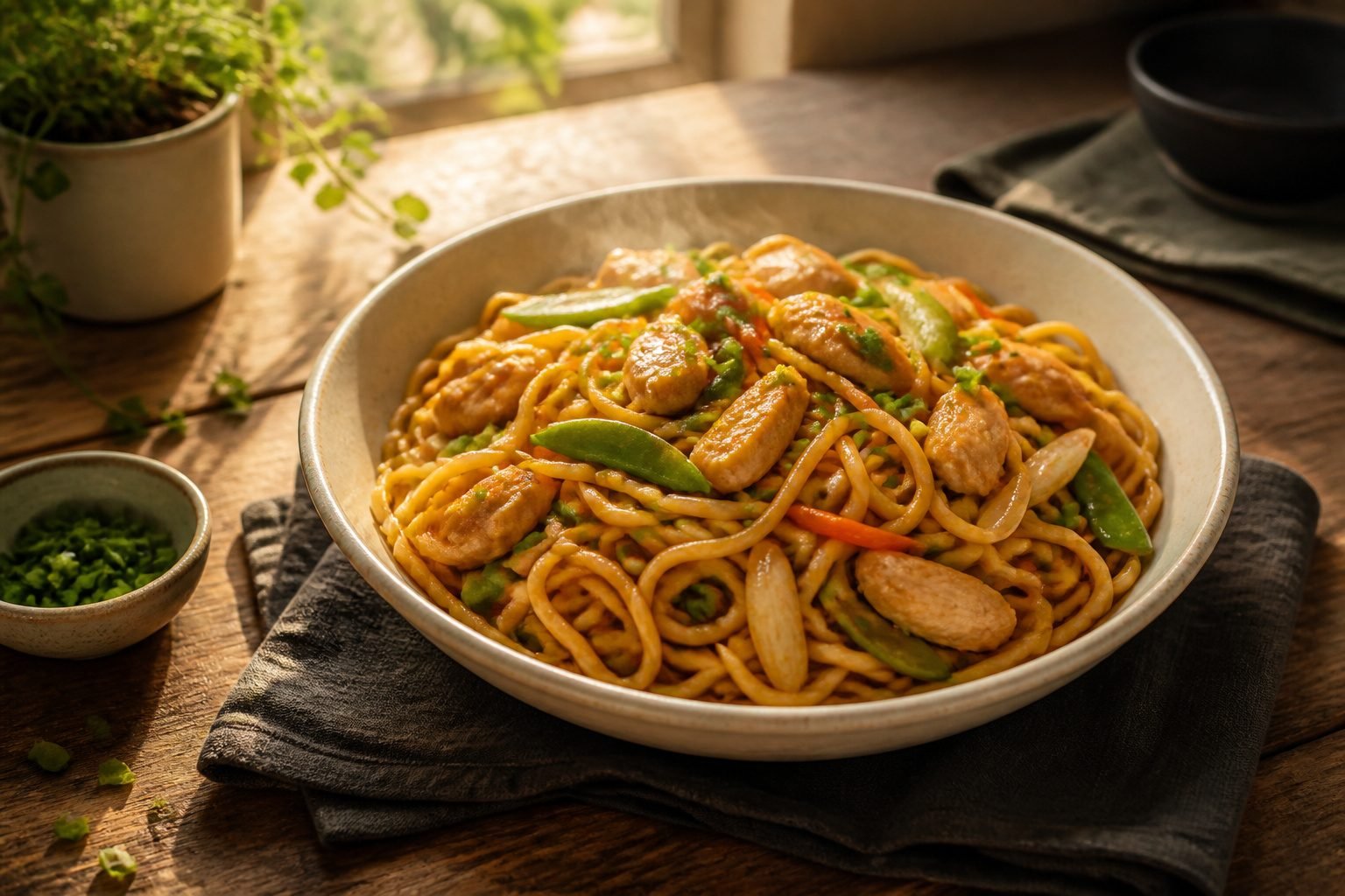 Bowl of chicken lo mein with vegetables and sauce.
