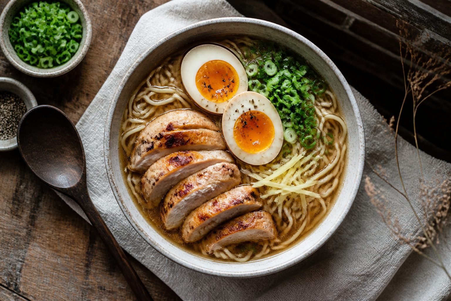 A bowl of chicken ramen garnished with soft-boiled eggs and green onions.