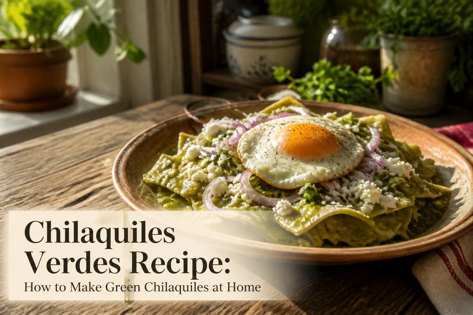 Chilaquiles verdes with crispy tortillas, green salsa, and a fried egg on top.