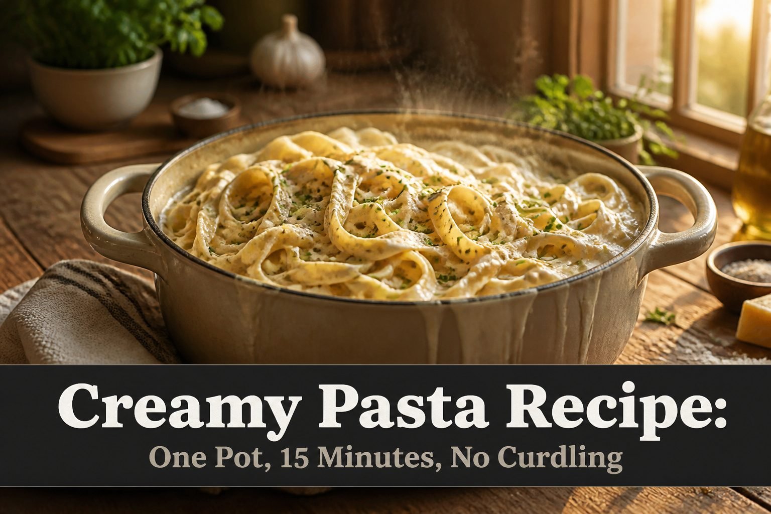A pot of creamy pasta with colorful rigatoni and herbs on a wooden table.