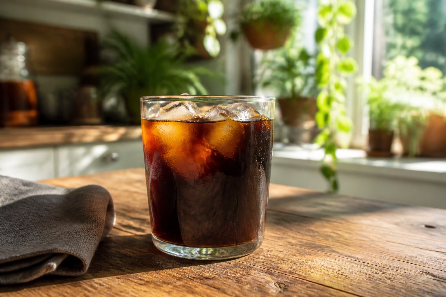 A glass filled with iced coffee and a straw on a table.