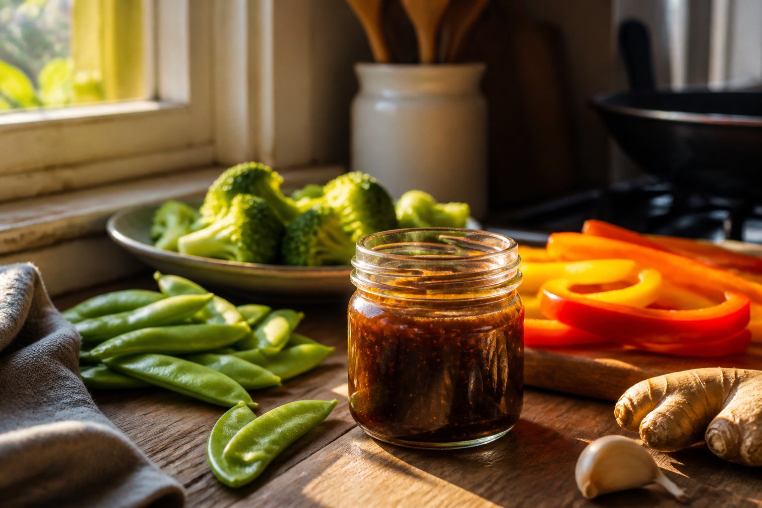 A pint jar of gluten-free stir fry sauce on a wooden shelf.