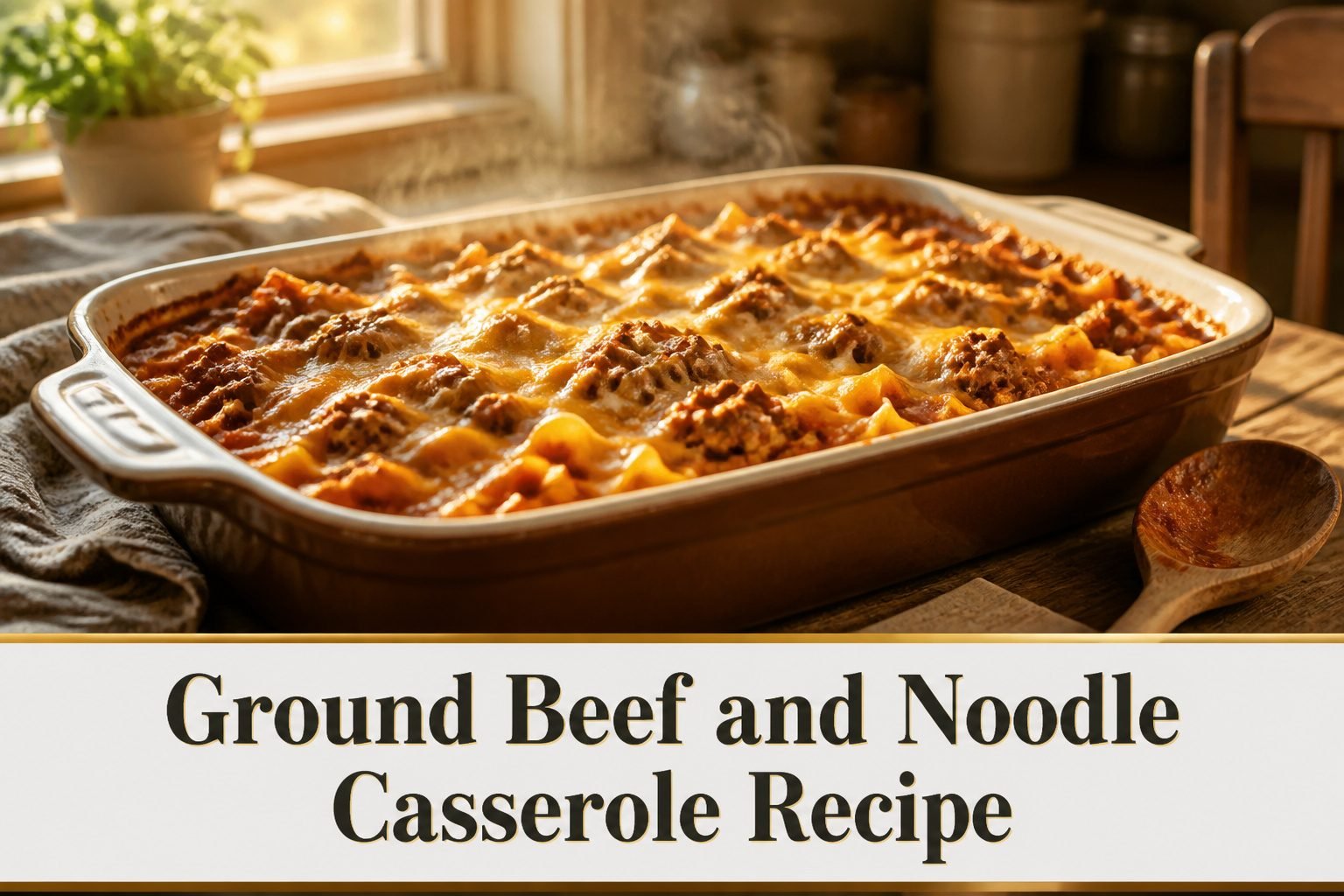 A casserole dish filled with ground beef and noodles on a wooden countertop.