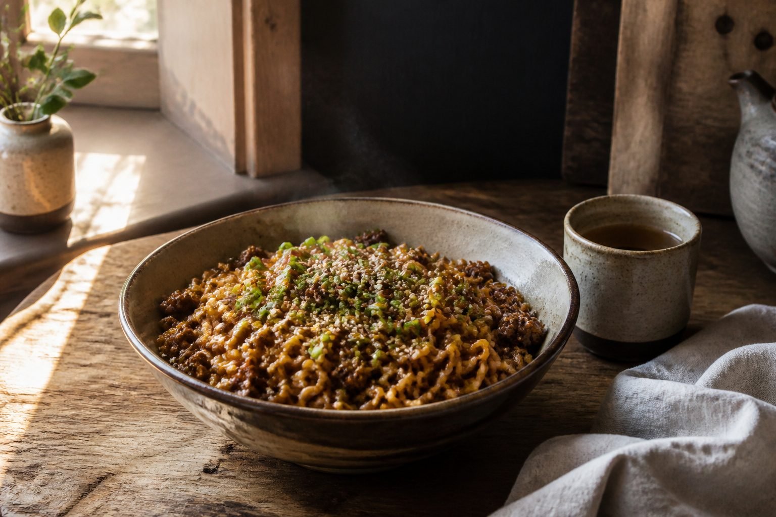 Bowl of ground beef ramen garnished with green onions and sesame seeds.