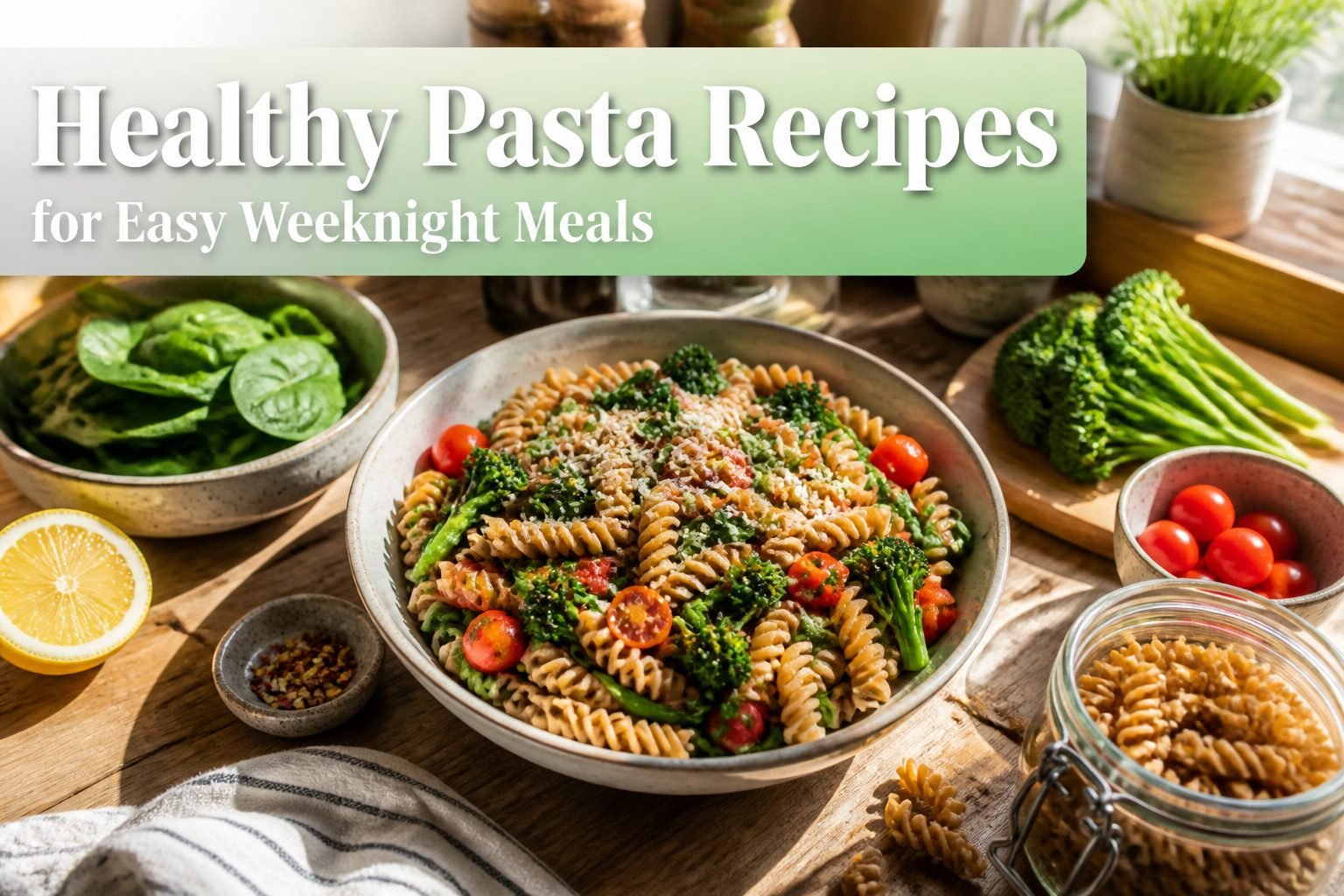 Various healthy pasta dishes arranged on a table.