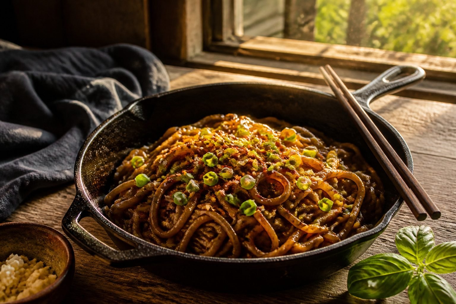 Bowl of hoisin garlic noodles topped with scallions and sesame seeds.
