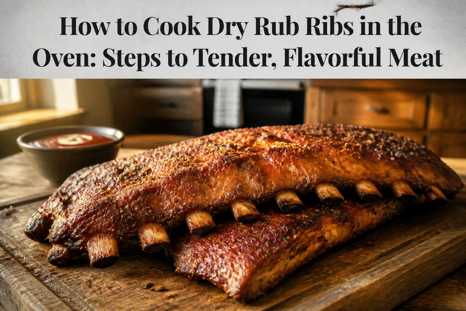 A beautifully plated rack of dry rub ribs on a wooden cutting board.