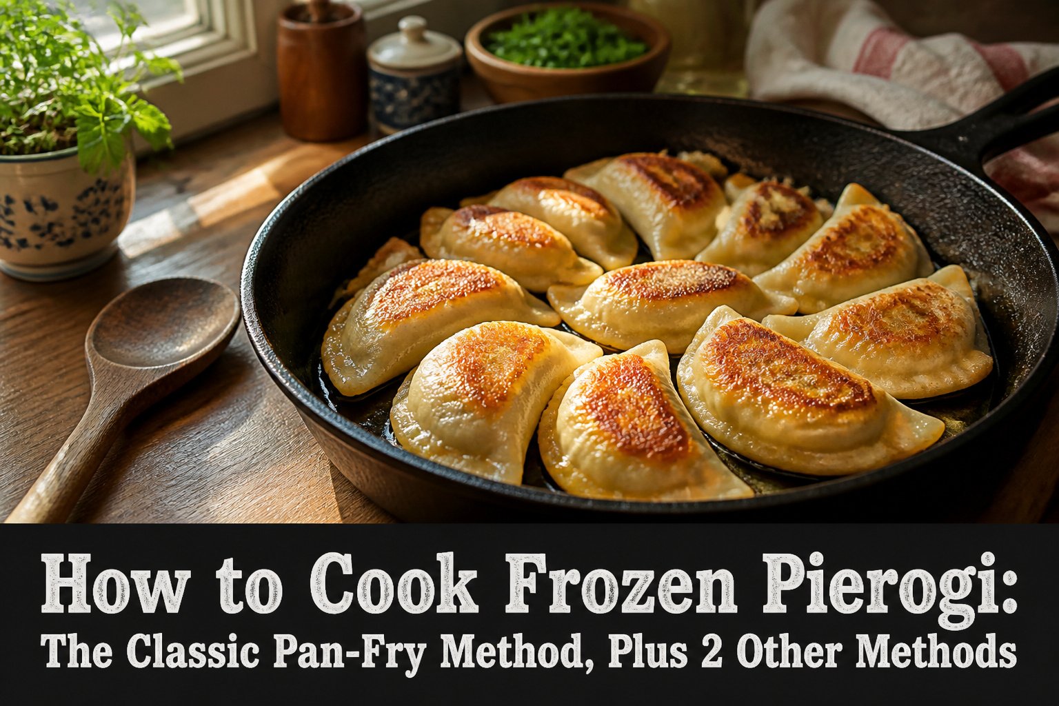 Golden pierogies on a plate with onions and a dollop of sour cream.