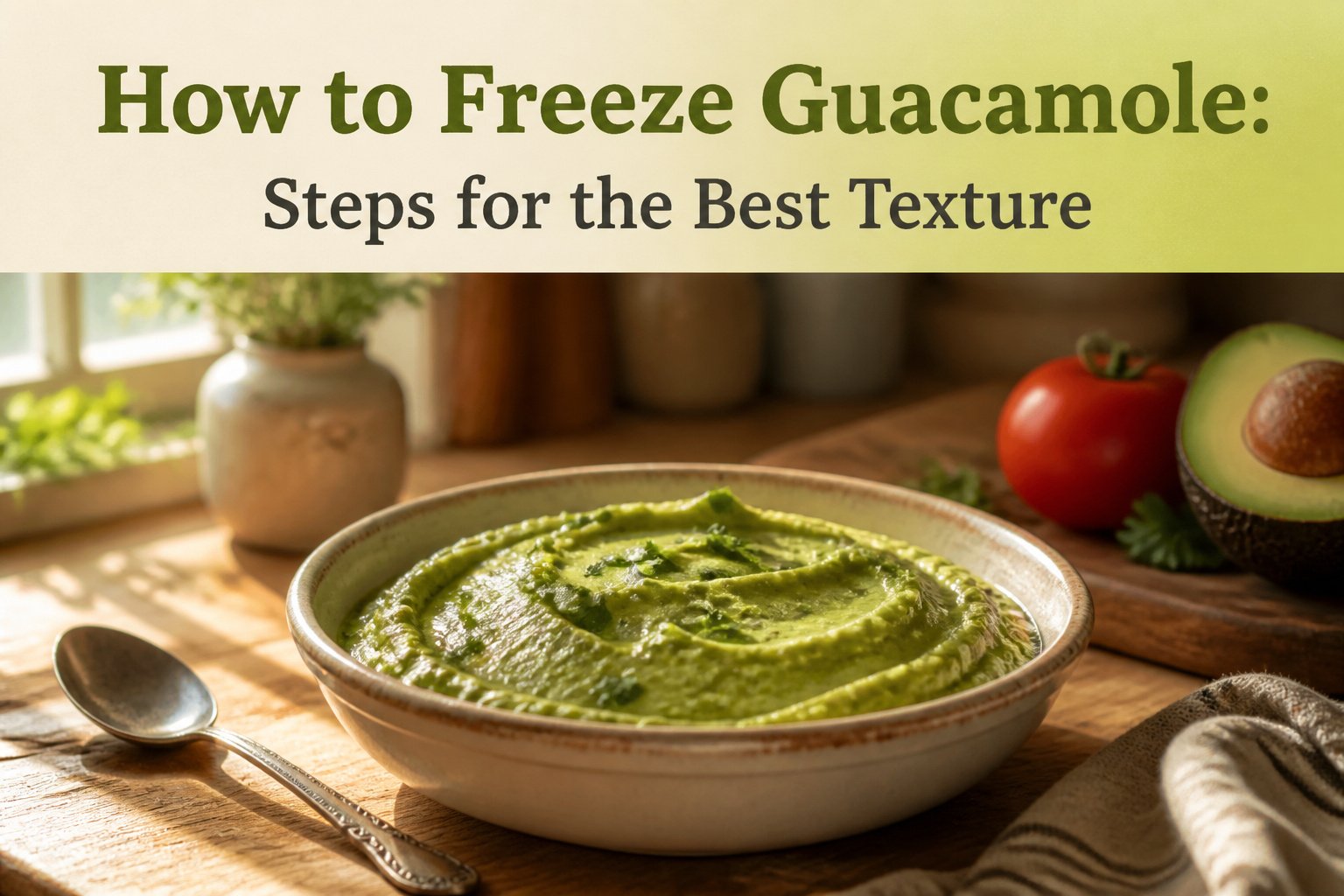Bowl filled with smooth guacamole and avocado halves on a cutting board.