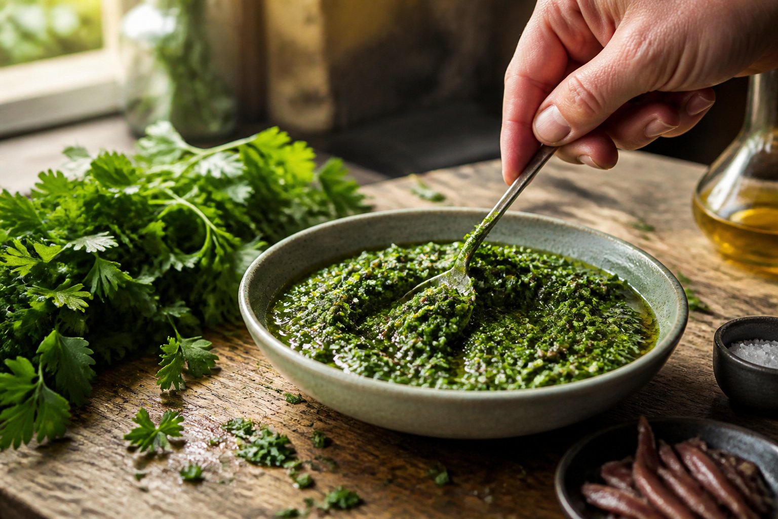 Bowl of Italian salsa verde with parsley, capers, and anchovy.