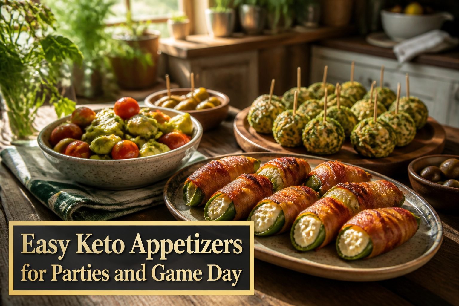 A variety of keto appetizers displayed on a vibrant table.
