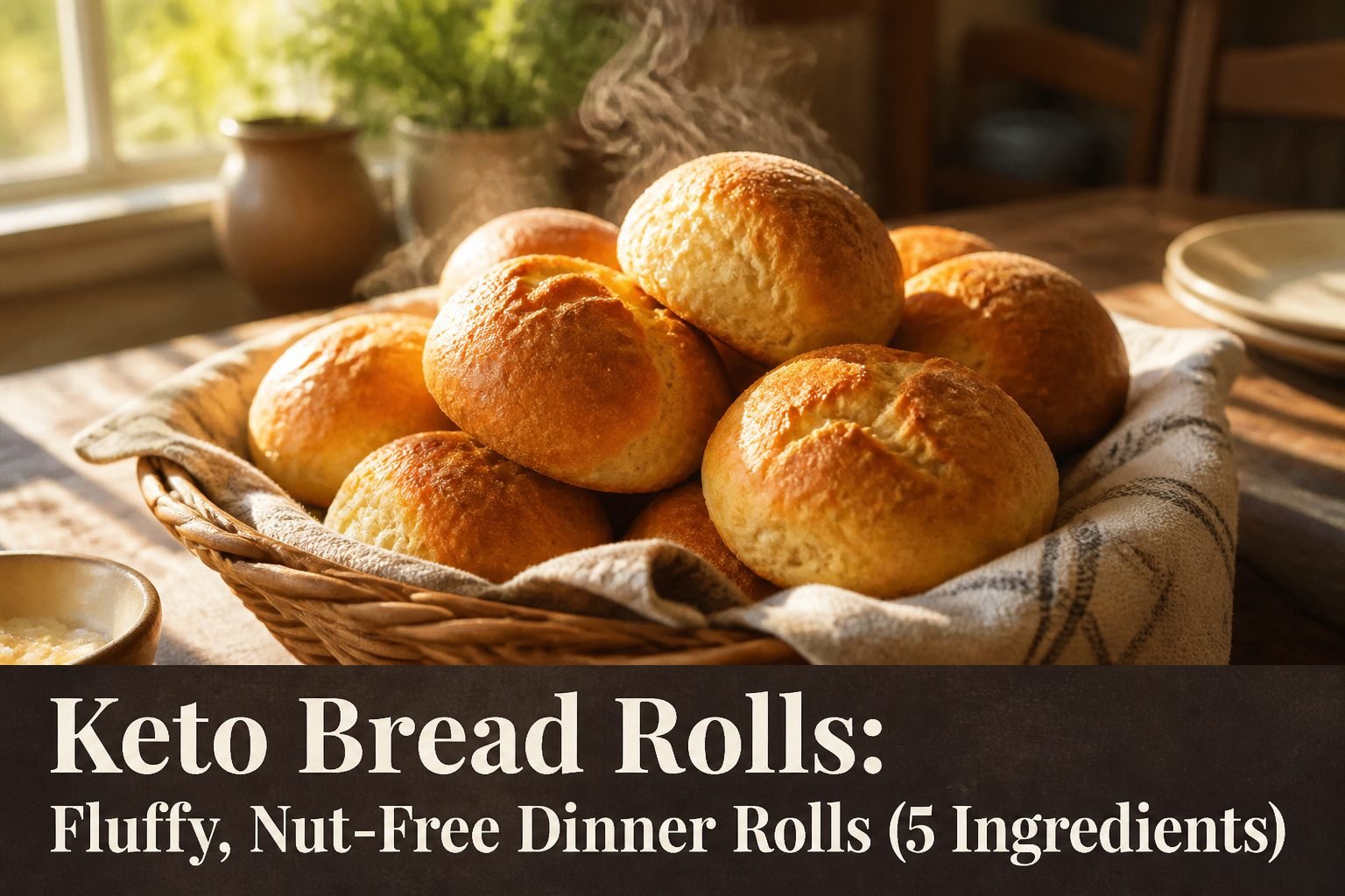 Fluffy keto bread rolls with a golden crust on a wooden table.