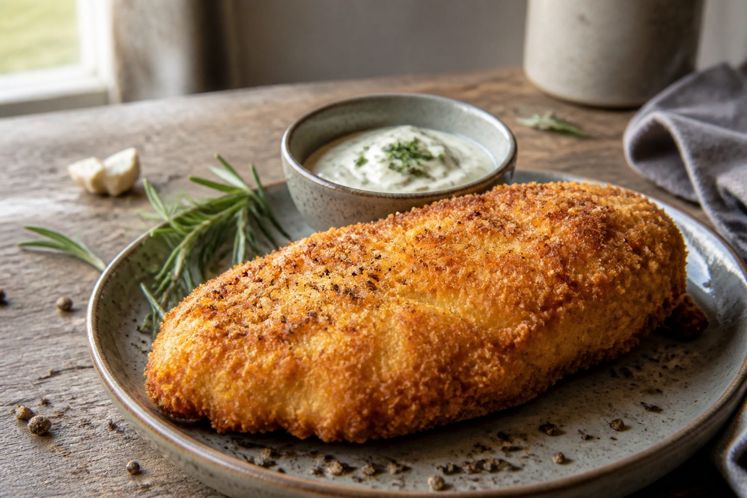 A plate of keto breaded chicken with a crispy coating.