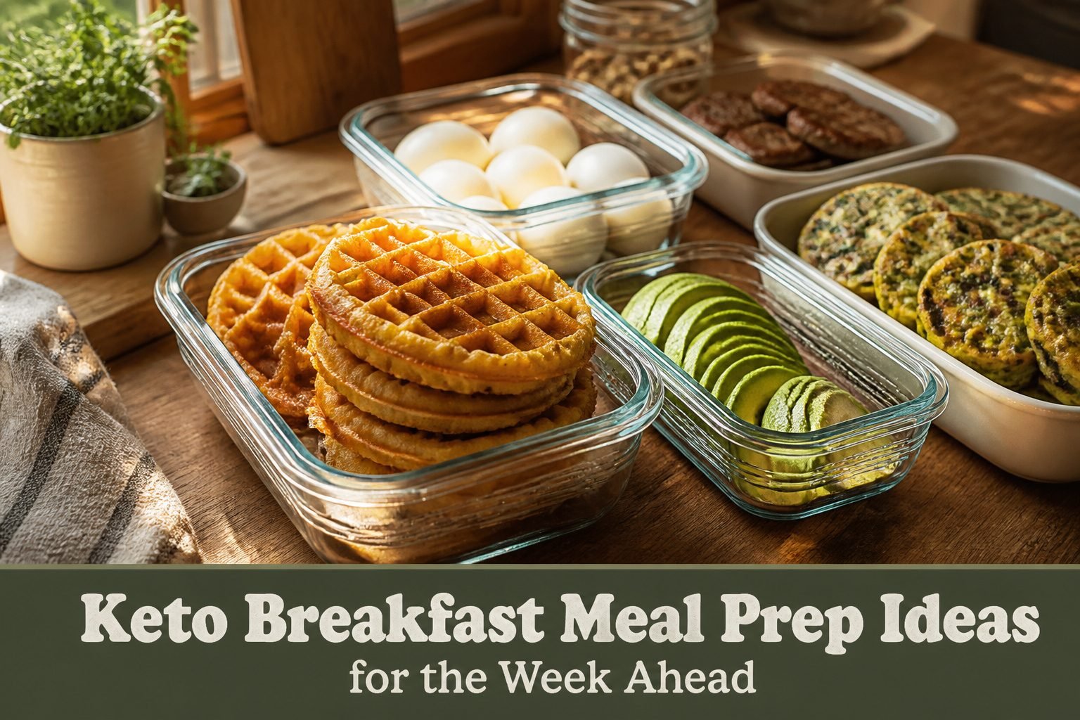 Various keto breakfast meal prep ideas arranged on a countertop.