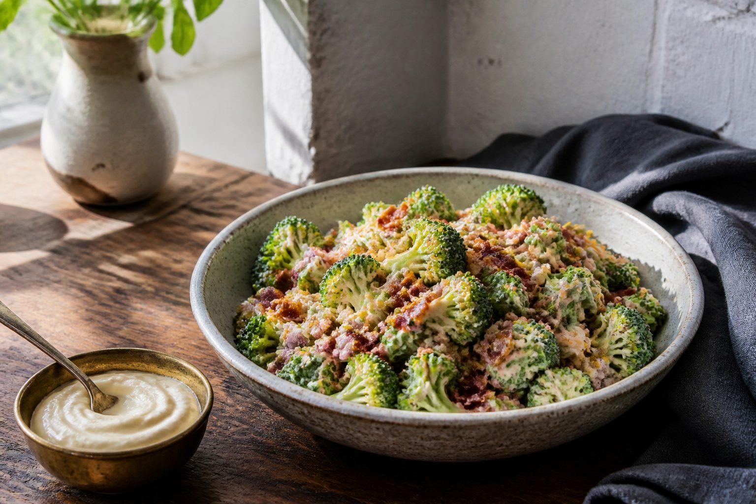 A bowl of Keto Broccoli Salad with broccoli, bacon, cheddar, and dressing.