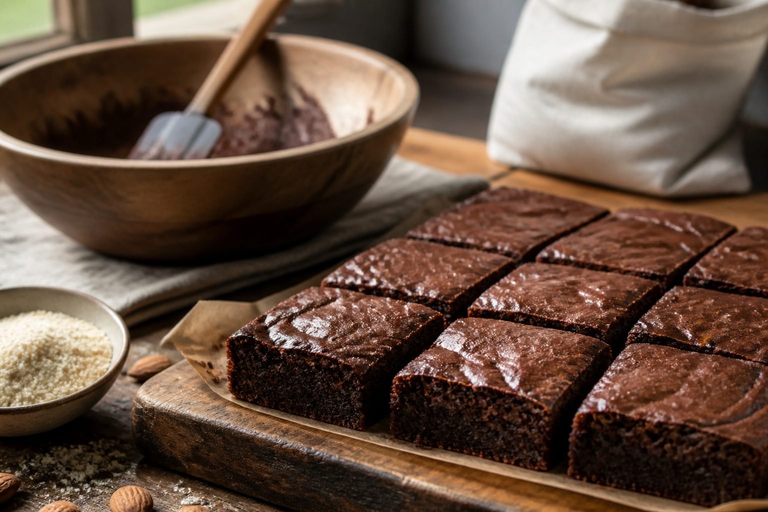 Keto brownies displayed on a plate with chocolate drizzles.