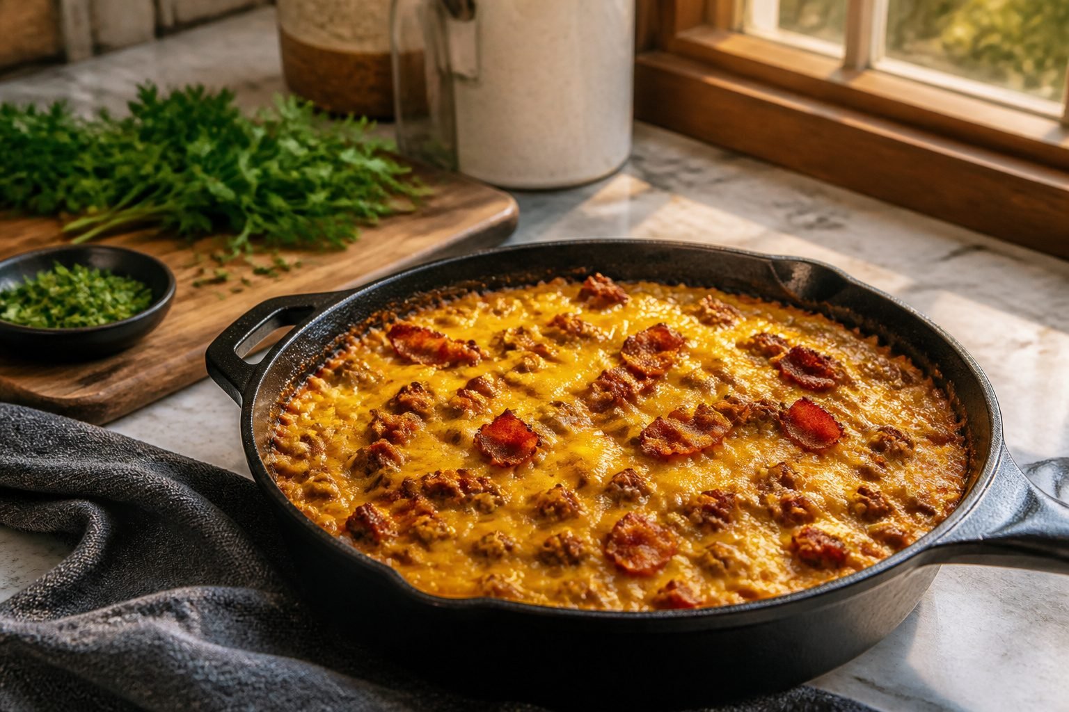 Keto Cheeseburger Casserole with melted cheese and golden crust.