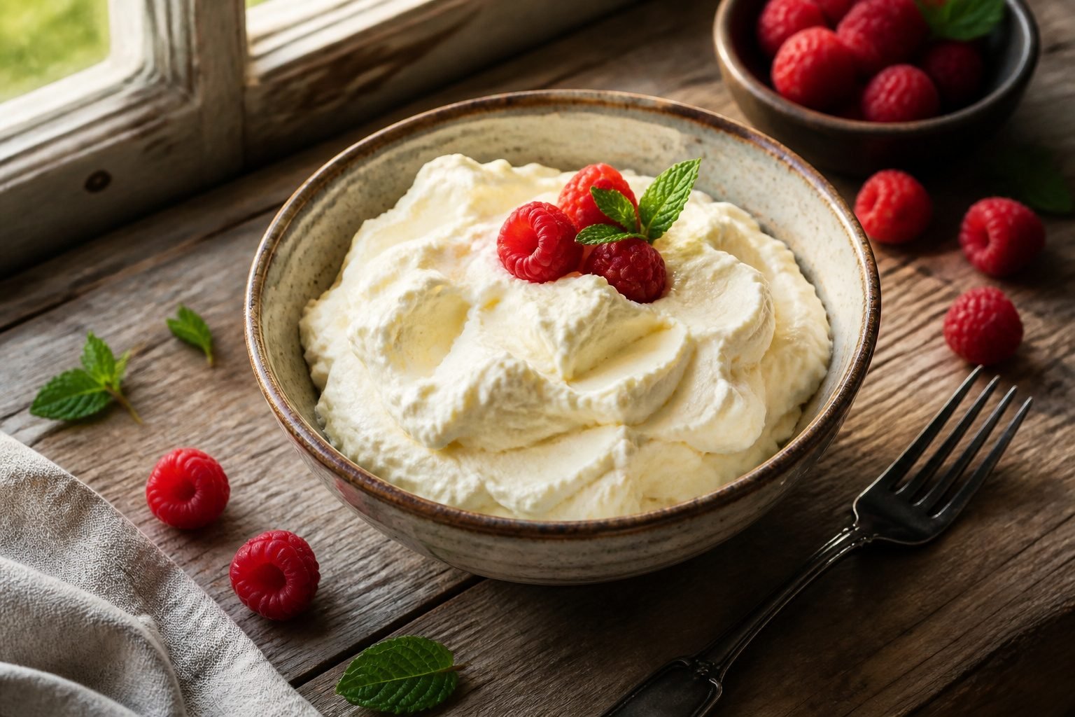 A bowl of keto cheesecake fluff with a creamy texture, topped with a spoon.