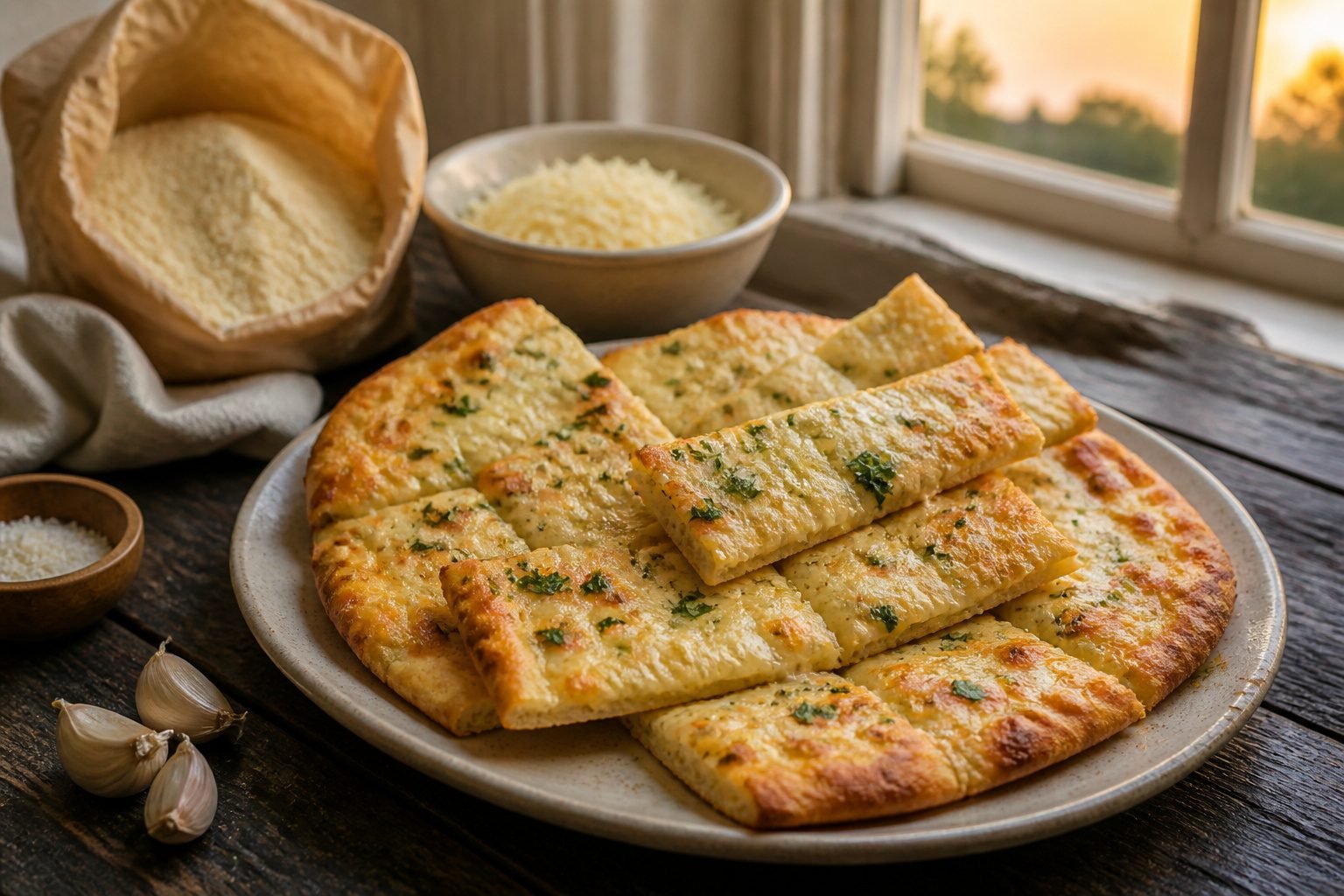 Keto cheesy garlic bread with a golden-brown crust.