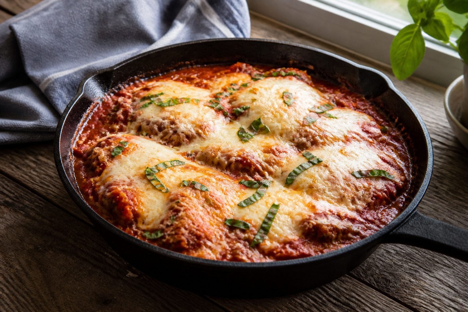A freshly baked keto chicken parmesan casserole in a baking dish.