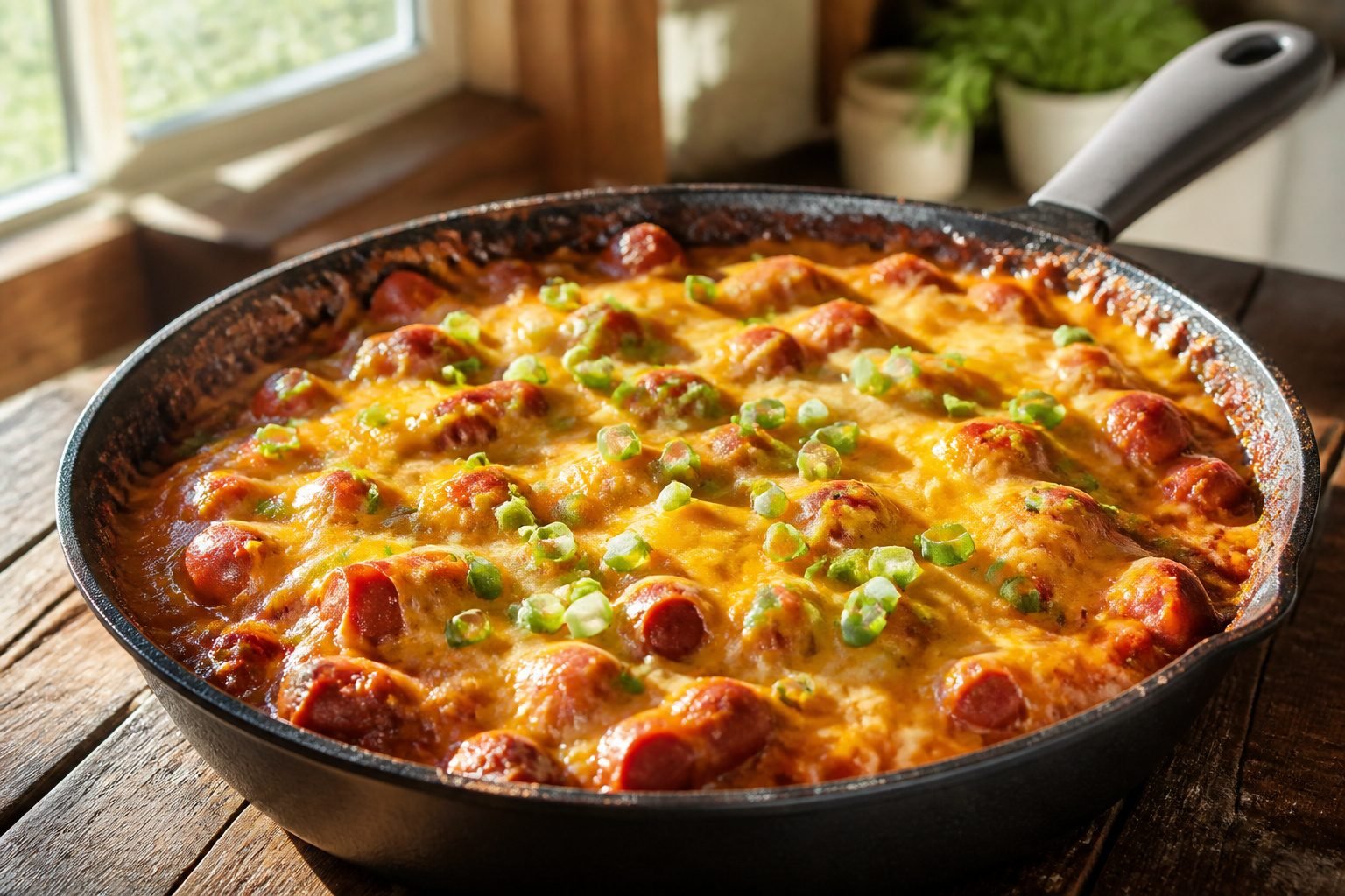 Keto chili dog casserole in a ceramic dish, topped with sour cream and diced onions.