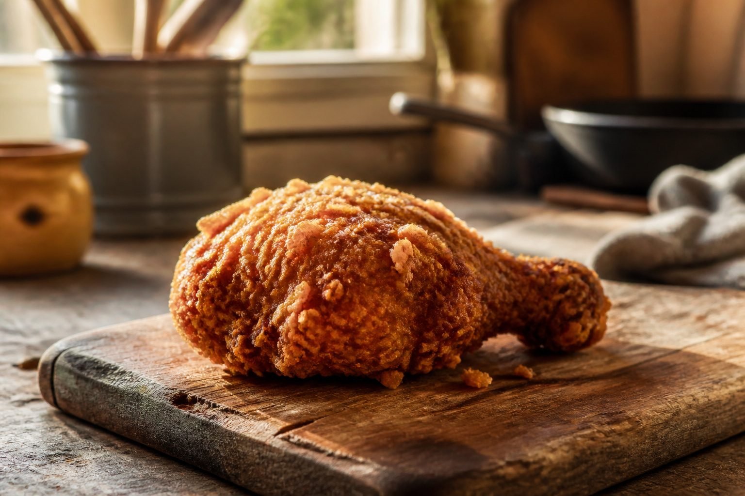 Raw chicken pieces on a cutting board in a kitchen setting.