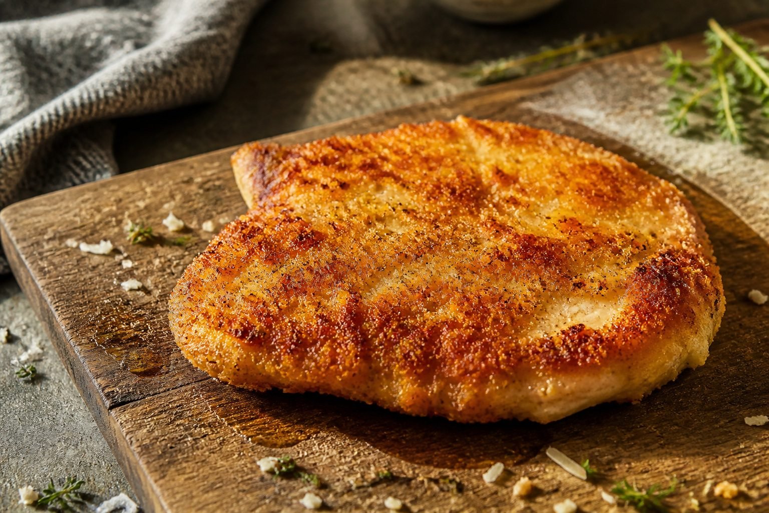 A plated keto parmesan crusted chicken cutlet on a wooden table.