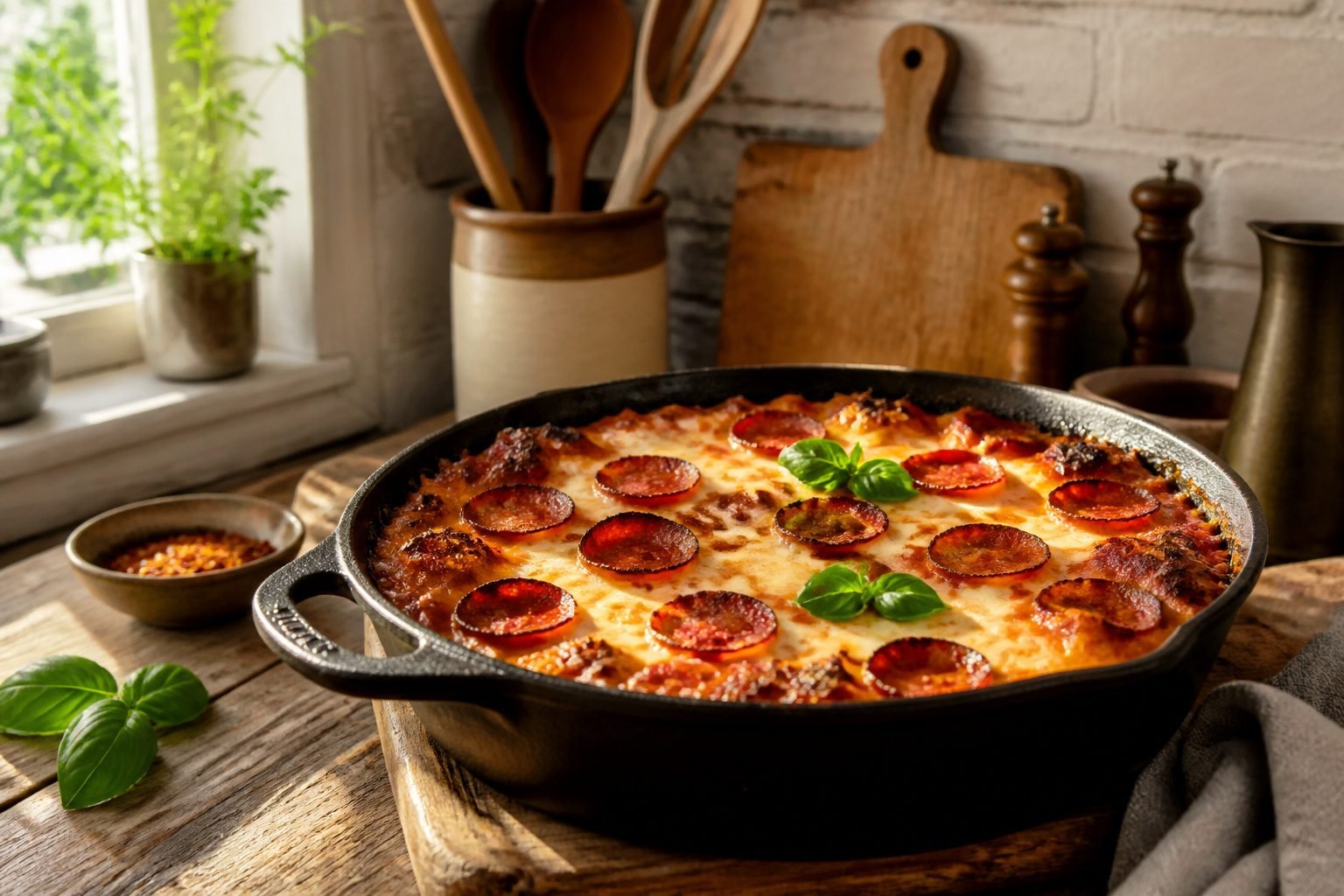 A baked keto pizza casserole with melted cheese and pepperoni on top.