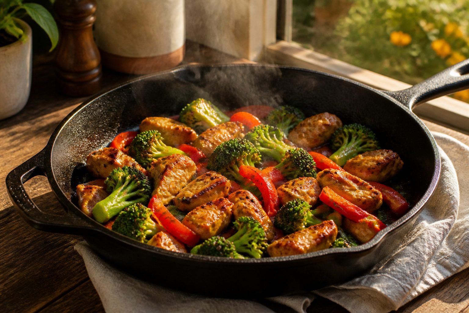 A colorful stir fry with vegetables and protein in a skillet.